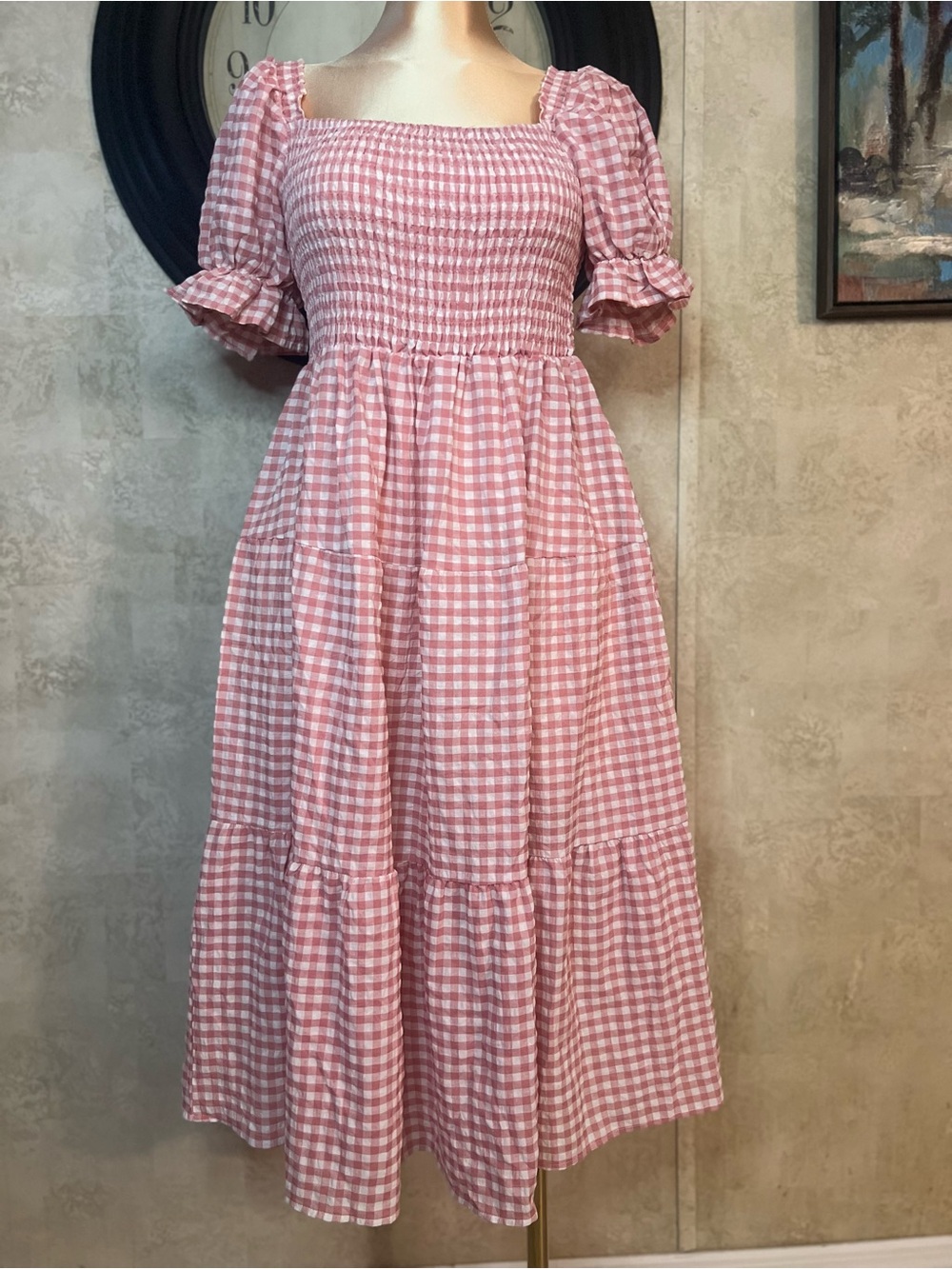 Women's Pink Gingham Smocked Midi Dress